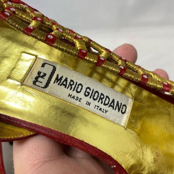 Vintage Mario Giordano Shoes Womens Size 5.5 Red Gold Sling Back 3" Heels - Picture 7 of 8